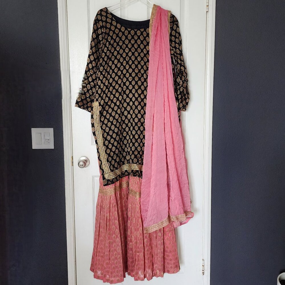 Black & Pink Banarasi Brocade Anarkali Suit with Sharara Pants & Dupatta